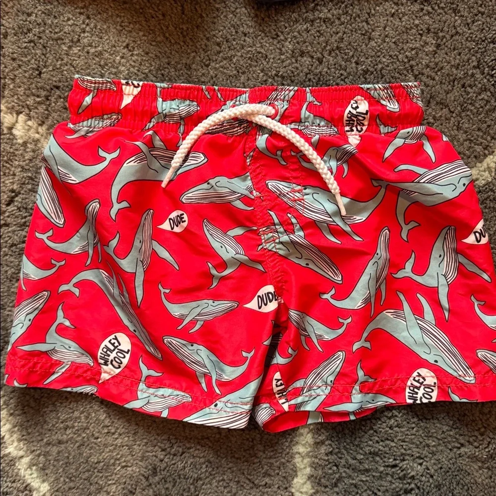 H&M Kids Swim Trunks Bathing Suit red green navy stripes whales, size 2-4 years